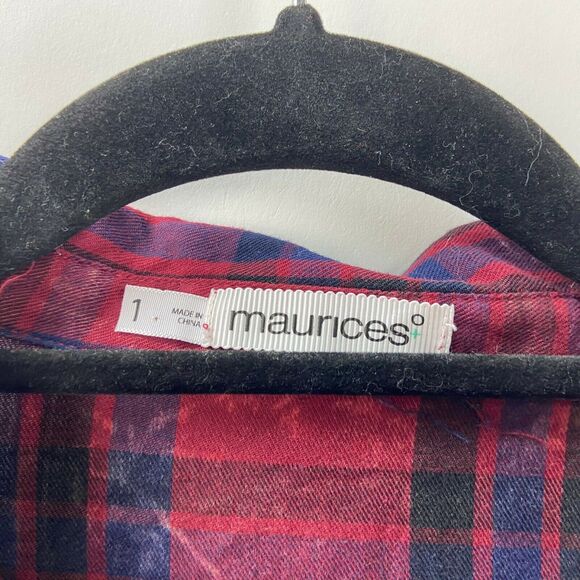 2/$30 Maurices 1 1X Plus Womens Red Blue Acid Wash Plaid Button-up Tie Waist Top - Picture 4 of 8